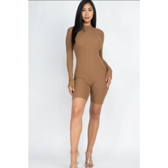 Women's Ribbed Knit Romper Brown - Picture 1 of 4